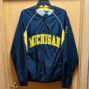 Michigan 1/4 zip. Gd shape. Mich Softball emb on sleeve. pockets. Elastic waist